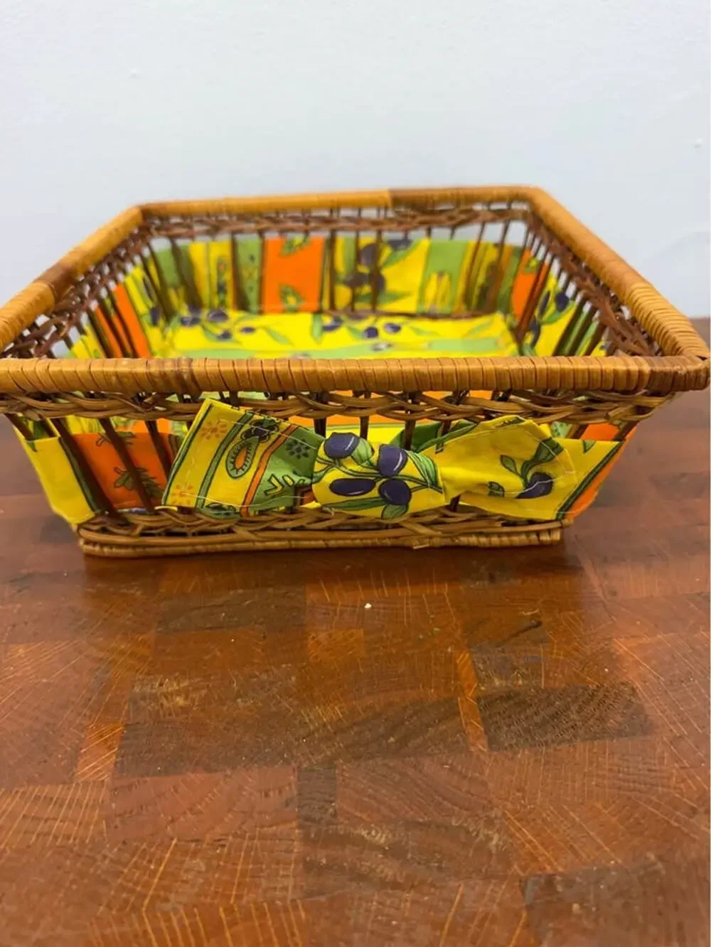 Vintage Woven Wicker Basket Lined with Colorful Fabric with Olive Motif